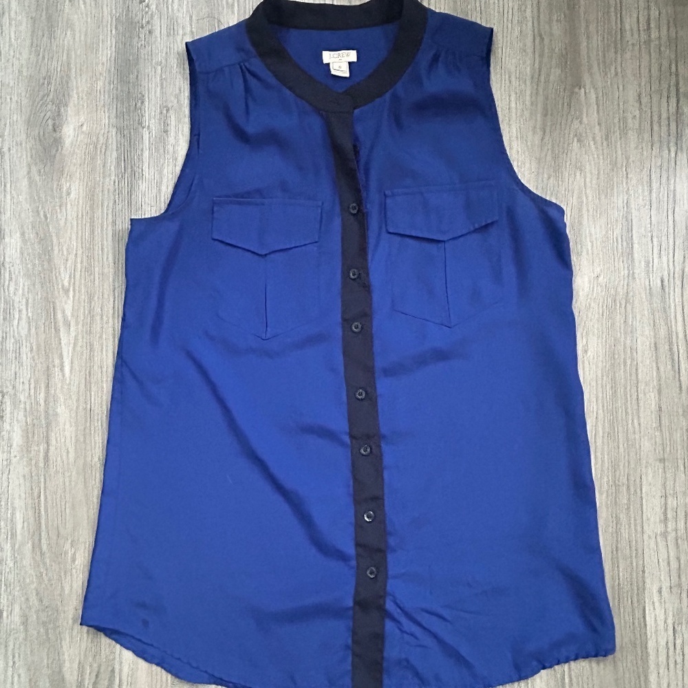 J Crew‎ Women's Sz 6 Blue w/ Black Sleeveless Blouse Sz 6